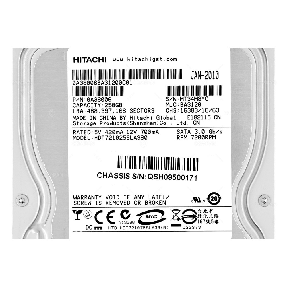 HDT721025SLA380 HITACHI HARD DRIVE 250GB 7.2K 3.5 SATA -